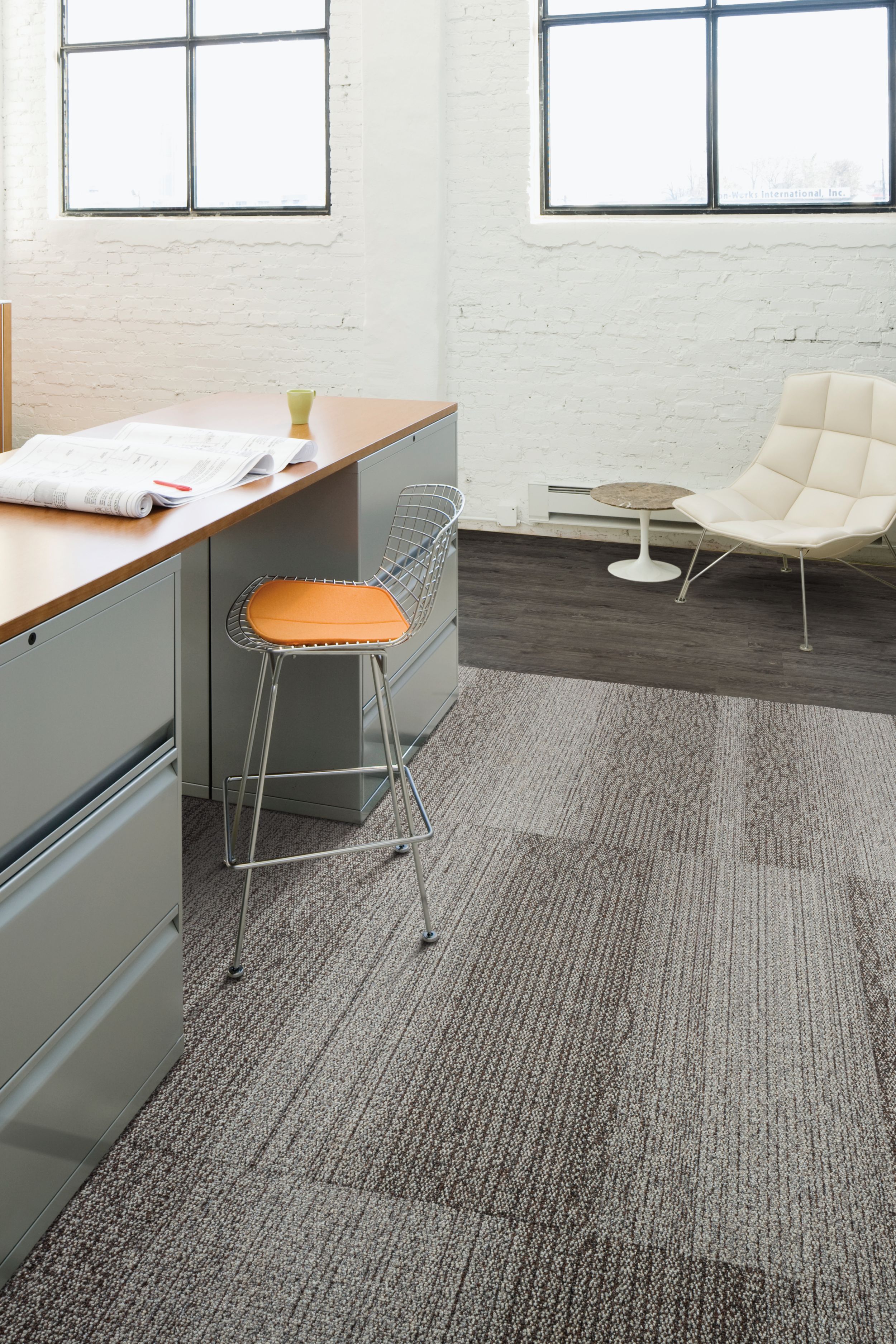 Interface Grasmere plank carpet tile and Natural Woodgrains LVT in desk area image number 8
